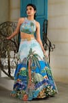 House Of Akshata_Sky Blue Crepe, Tissue Embroidery Round Neck Beach Print Embellished Lehenga Set _at_Aza_Fashions