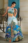 Buy_House Of Akshata_Sky Blue Crepe, Tissue Embroidery Round Neck Beach Print Embellished Lehenga Set 