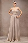 Tarun Tahiliani_Beige Net Sequins Sweetheart Neck Champagne Crinkle Corset And Trouser Set _Online_at_Aza_Fashions
