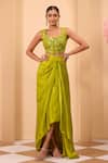 Buy_One Knot One By Ashna_Green Silk Embroidery Square Neck Blouse And Draped Skirt _at_Aza_Fashions
