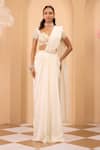 Buy_One Knot One By Ashna_Ivory Organza, Silk Sequins, Embroidery Sweetheart Neck Blouse And Drape Saree Set _at_Aza_Fashions