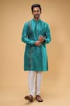 Arihant Rai Sinha_Blue Silk, Chanderi Silk, Chiffon Thread Placement Work Kurta And Churidar Set _at_Aza_Fashions
