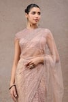 Shop_Tarun Tahiliani_Blush Net Sequins, Beads Round Neck Pink Designer Saree And Blouse Set _Online_at_Aza_Fashions