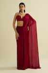 Buy_Meesa_Maroon Georgette, Chanderi Silk Round Neck Pre-draped Saree Set _at_Aza_Fashions