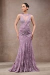 Buy_Tarun Tahiliani_Lavender Lace, Tulle, Net Embroidery, Sequins High Neck Concept Saree And Bodysuit _at_Aza_Fashions