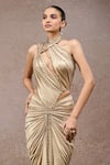 Tarun Tahiliani_Gold Jersey Sequins, Metallic Thread, Beads Foil Cutout Bodysuit And Skirt Set _Online_at_Aza_Fashions
