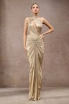 Tarun Tahiliani_Gold Jersey Sequins, Metallic Thread, Beads Foil Cutout Bodysuit And Skirt Set _at_Aza_Fashions