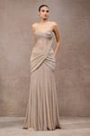 Buy_Tarun Tahiliani_Beige Net Beads Sweetheart Neck Champagne Crinkle Gown _at_Aza_Fashions