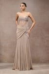 Tarun Tahiliani_Beige Net Beads Sweetheart Neck Champagne Crinkle Gown _Online_at_Aza_Fashions