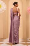 Shop_One Knot One By Ashna_Purple Crepe, Georgette Sequins Sweetheart Neck, Pre-draped Saree Set With Cape _at_Aza_Fashions