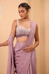 Buy_One Knot One By Ashna_Purple Crepe, Georgette Sequins Sweetheart Neck, Pre-draped Saree Set With Cape _Online_at_Aza_Fashions