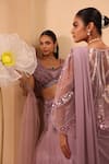 Buy_One Knot One By Ashna_Purple Crepe, Georgette Sequins Sweetheart Neck, Pre-draped Saree Set With Cape 