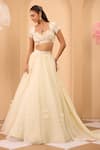 Buy_One Knot One By Ashna_Ivory Organza Fabric Flowers, Sequins Sweetheart Neck Lehenga Set 