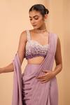 Shop_One Knot One By Ashna_Purple Crepe, Georgette Sequins Sweetheart Neck Foil Pre-draped Saree Set _at_Aza_Fashions