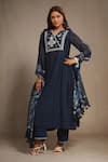 Shop_Sonali Methi_Blue Embroidery V-neck Royal Hand Kurta Set _at_Aza_Fashions