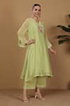 Shop_Sonali Methi_Lime Embroidery V-neck Hand Chanderi Kurta Set _at_Aza_Fashions