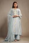Shop_Sonali Methi_Blue Silk, Chanderi Embroidery Round Neck Powder Hand Kurta Set _at_Aza_Fashions