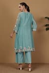 Shop_Sonali Methi_Blue Chanderi Embroidery Round Neck Kurta Pant Set _at_Aza_Fashions
