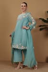 Sonali Methi_Blue Chanderi Embroidery Round Neck Kurta Pant Set _Online_at_Aza_Fashions