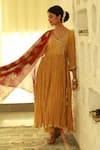 Shop_Sonali Methi_Yellow Embroidery V-neck Red Hand Angarkha Set _at_Aza_Fashions