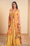 Sonali Methi_Yellow Chinon, Crepe Embroidery V-neck Designer Floral Cape Skirt Set _Online_at_Aza_Fashions