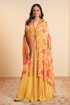 Buy_Sonali Methi_Yellow Chinon, Crepe Embroidery V-neck Designer Floral Cape Skirt Set _at_Aza_Fashions