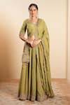 Sonali Methi_Olive Green Organza Embroidery V-neck Hand Lehenga Set _Online_at_Aza_Fashions