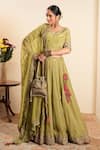 Shop_Sonali Methi_Olive Green Organza Embroidery V-neck Hand Lehenga Set _at_Aza_Fashions