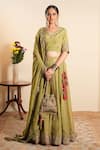 Buy_Sonali Methi_Olive Green Organza Embroidery V-neck Hand Lehenga Set _at_Aza_Fashions