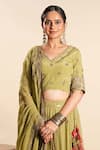 Shop_Sonali Methi_Olive Green Organza Embroidery V-neck Hand Lehenga Set _Online_at_Aza_Fashions