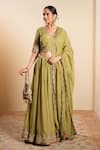 Shop_Sonali Methi_Olive Green Organza Embroidery V-neck Hand Lehenga Set 