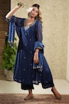 Shop_Sonali Methi_Navy Embroidery V-neck Blue Hand Anarkali Set _at_Aza_Fashions