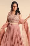 Sonali Methi_Pink Organza Embroidery V-neck Designer Onion Lehenga Set _Online_at_Aza_Fashions