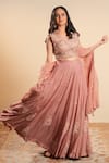 Shop_Sonali Methi_Pink Organza Embroidery V-neck Designer Onion Lehenga Set _at_Aza_Fashions