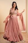 Buy_Sonali Methi_Pink Organza Embroidery V-neck Designer Onion Lehenga Set _at_Aza_Fashions
