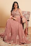 Shop_Sonali Methi_Pink Organza Embroidery V-neck Designer Onion Lehenga Set _Online_at_Aza_Fashions