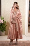 Buy_Sonali Methi_Peach Tissue Embroidery V-neck Anarkali Set _Online_at_Aza_Fashions