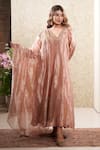 Sonali Methi_Peach Tissue Embroidery V-neck Anarkali Set _at_Aza_Fashions