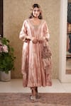 Buy_Sonali Methi_Peach Tissue Embroidery V-neck Anarkali Set _at_Aza_Fashions