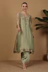 Buy_Sonali Methi_Green Tissue, Crepe Embroidery V-neck Hand Kurta Pant Set _at_Aza_Fashions
