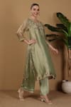 Sonali Methi_Green Tissue, Crepe Embroidery V-neck Hand Kurta Pant Set _Online_at_Aza_Fashions
