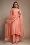 Shop_Sonali Methi_Peach Organza Embroidery Split V-neck Hand Kurta Set _at_Aza_Fashions