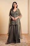 Sonali Methi_Olive Green Organza Embroidery Round Neck Kurta Sharara Set _Online_at_Aza_Fashions