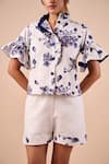 Shriya Som_Blue Organza Collared Orchid Print Ruffle Shirt _Online_at_Aza_Fashions