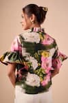 Shop_Shriya Som_Multi Color Cotton Mandarin Collar Floral Smudge Ruffle Shirt _at_Aza_Fashions