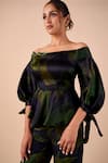 Buy_Shriya Som_Blue Organza Off-shoulder Leaf Print Off Top _at_Aza_Fashions