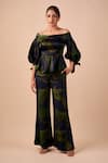 Buy_Shriya Som_Blue Silk Leaf Print Flared Pant _at_Aza_Fashions
