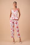 Buy_Shriya Som_Pink Canvas Fabric Flowers Square Neck Orchid Print Top With Belt _at_Aza_Fashions