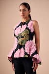 Buy_Shriya Som_Blue Canvas Fabric Flowers Round Neck Hydrangea Peplum Top _at_Aza_Fashions