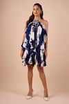 Buy_Shriya Som_Blue Silk Halter Neck Orchid Printed Ruffle Dress _at_Aza_Fashions